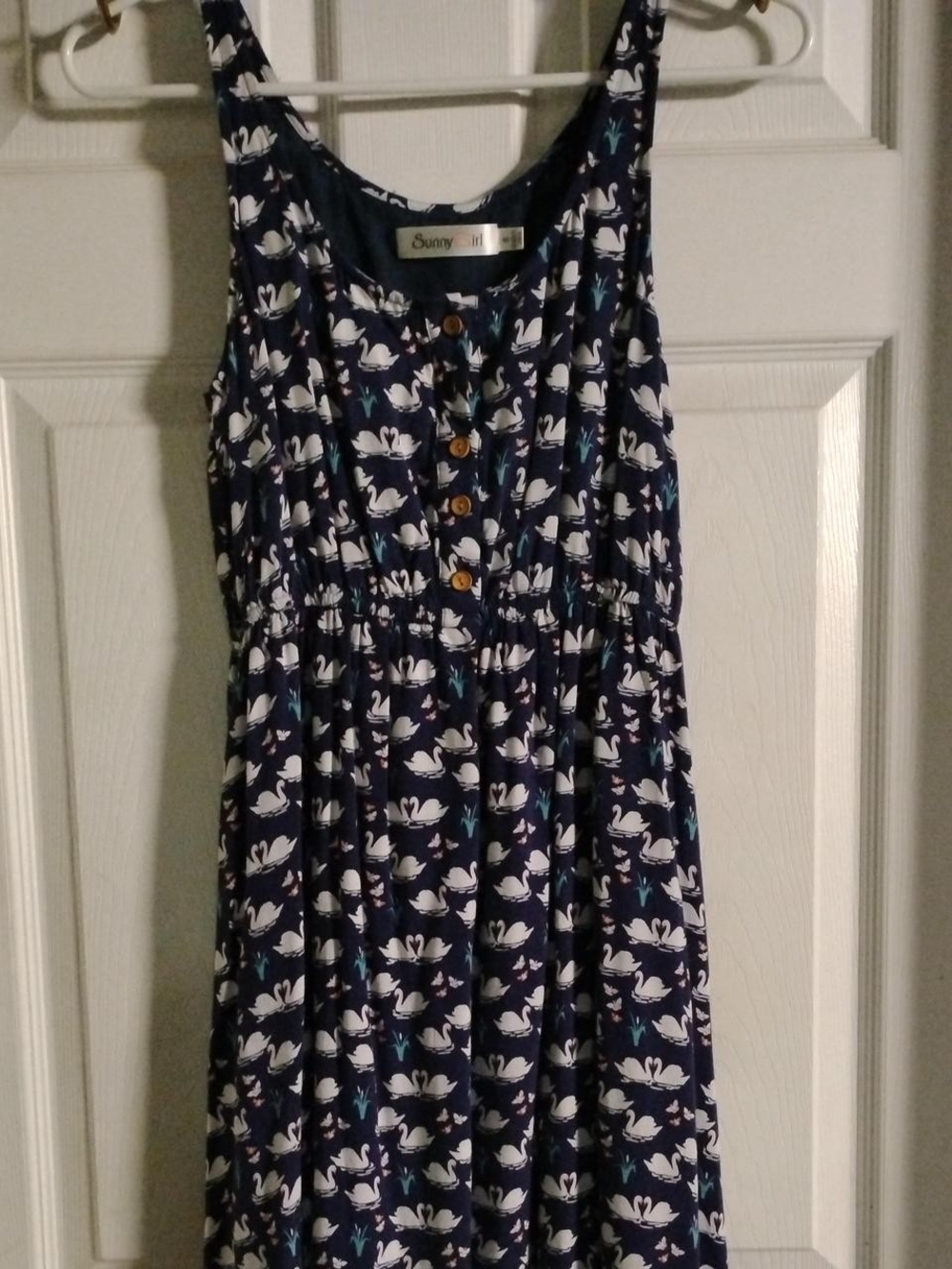 Sunny Girl Navy and White Swan Print Button-Front Sundress